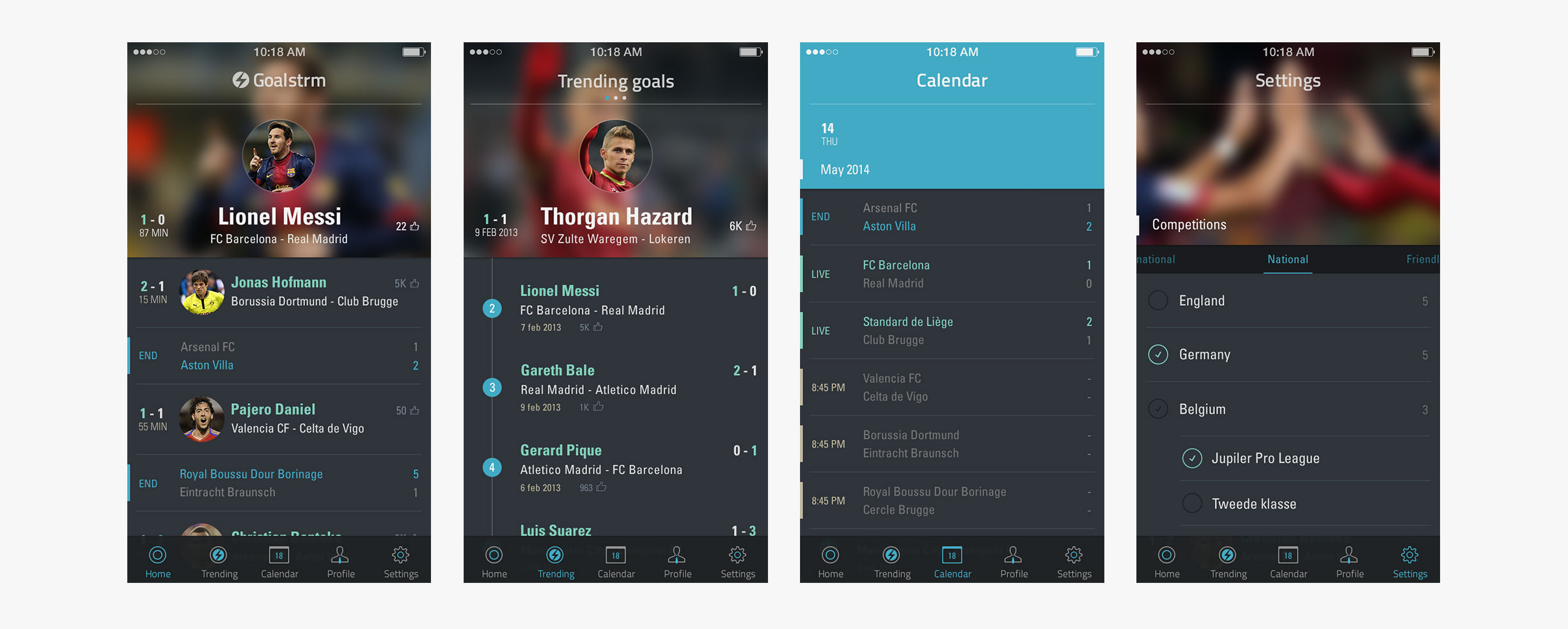 Goalstrm - different screens : dashboard - trending goals - calendar - settings